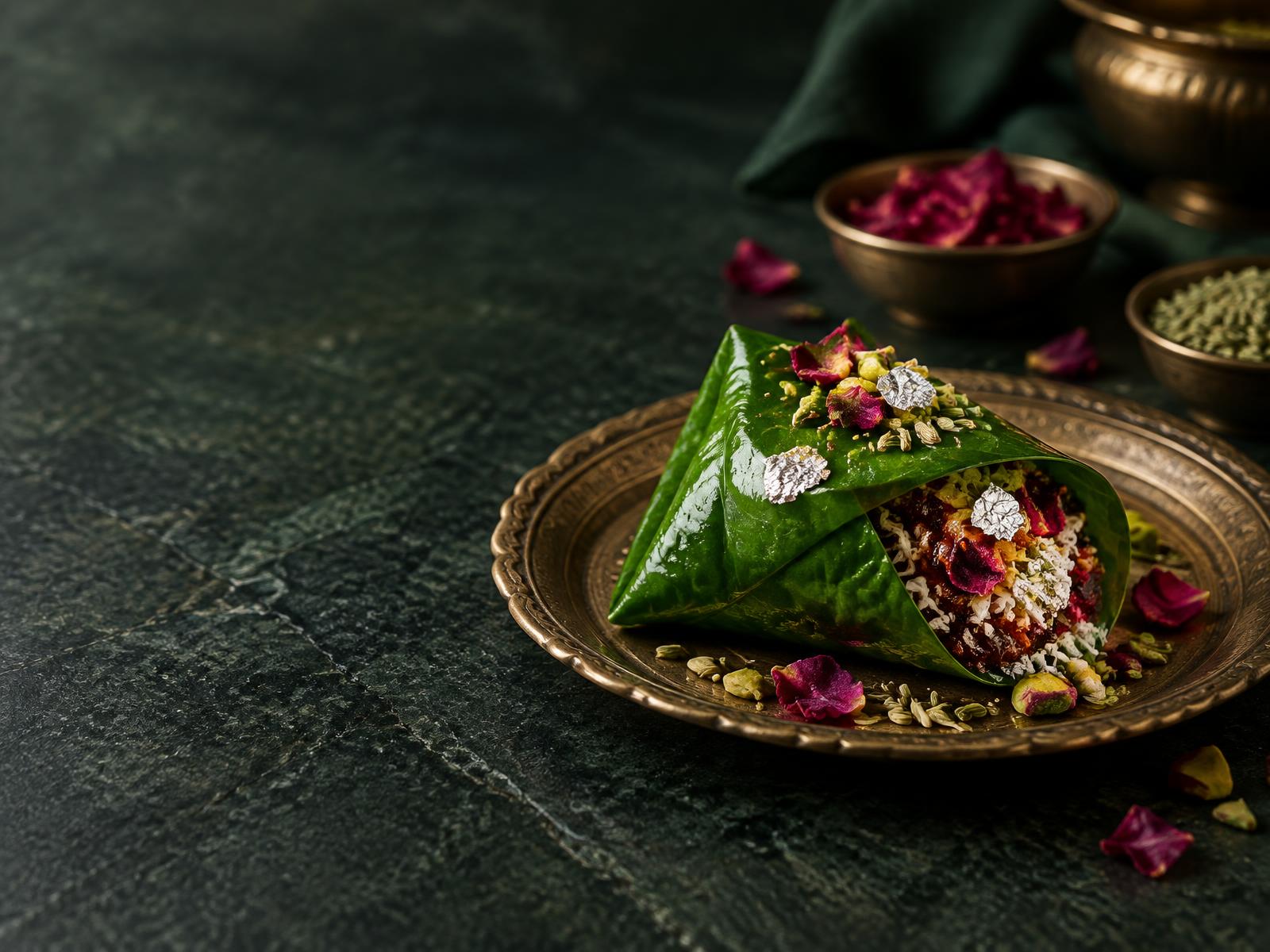 Sweet paan folded in a glossy betel leaf with rose, fennel and pistachio