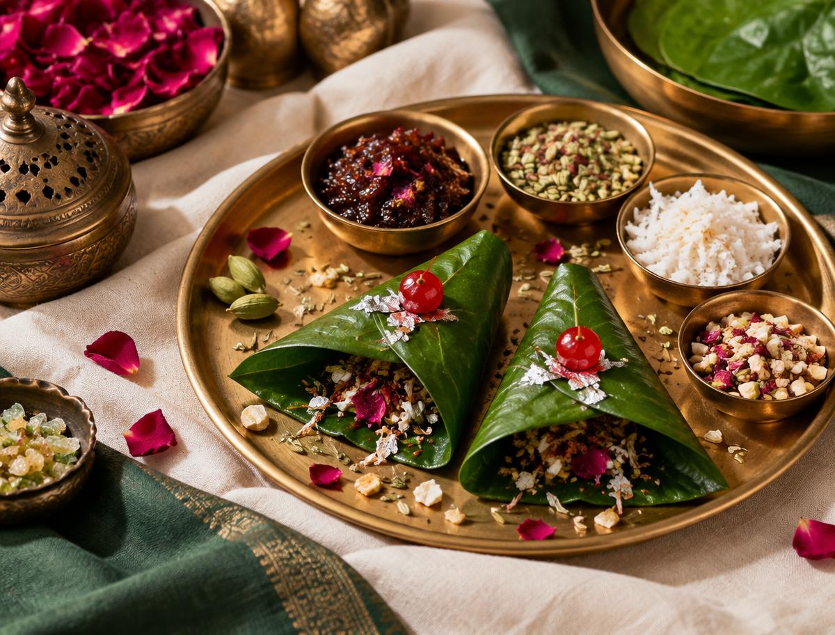 Traditional sweet paan ingredients arranged on a brass thali